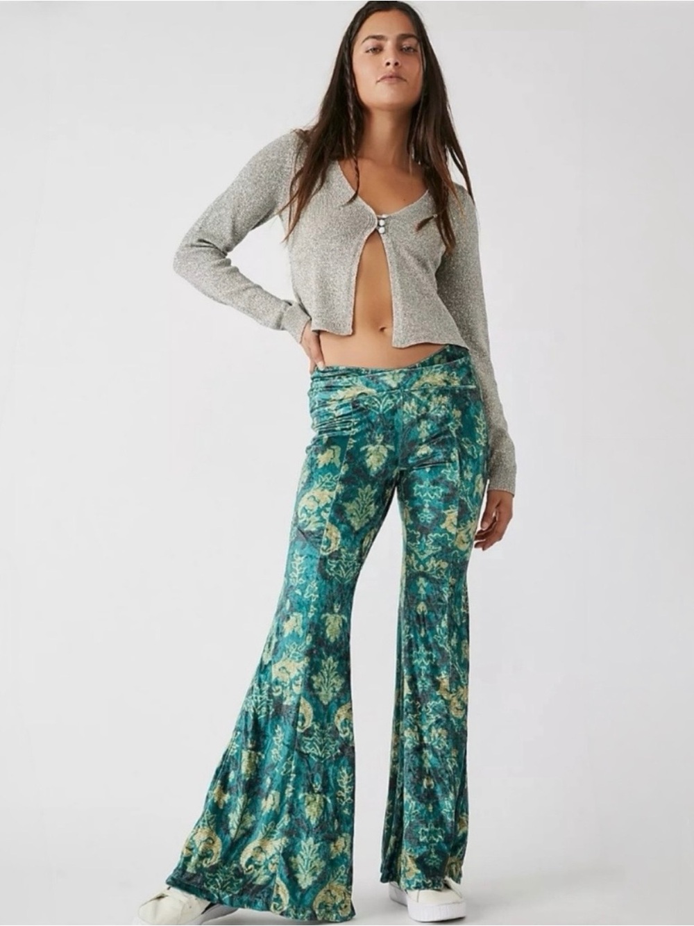 Free People Hold Me Closer Green & Yellow Paisley Flared Velvet Bell Bottoms